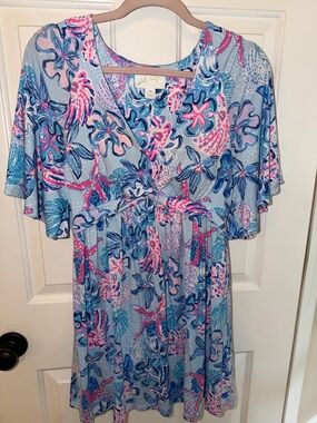 Lilly Pulitzer S/S Loralie Skirted Romper Blue Pink Floral Built in Bra Medium